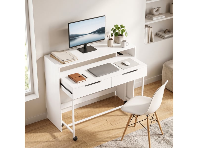 Bureau d'ordinateur extensible 100 cm avec 2 tiroirs, bureau avec rangement, style moderne, blanc - Conforama D
