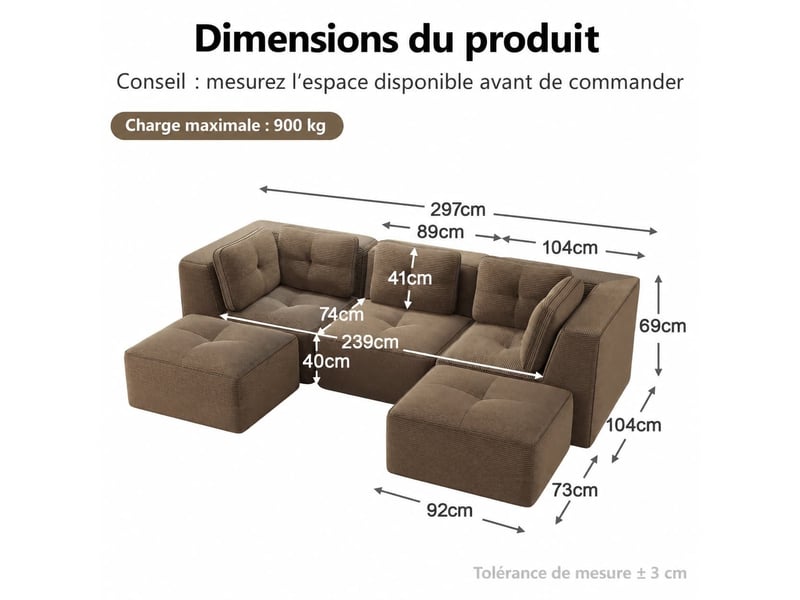  Canapé modulable 3 places avec pouf, assise profonde en tissu côtelé et agencement flexible, 69 × 297 × 177 cm, marron  - Conforama C