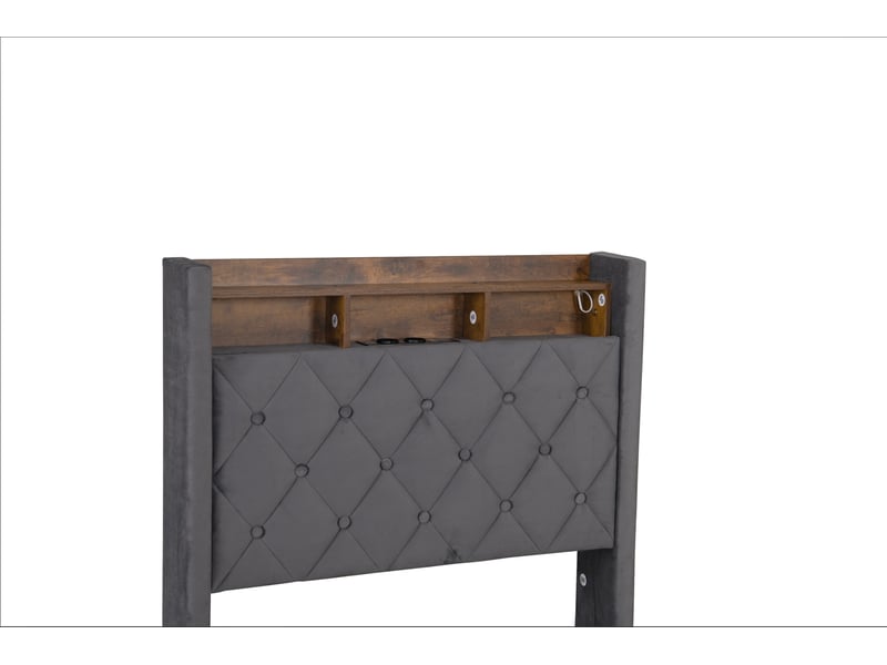  Lit coffre 90x200 cm avec rangement, led et usb, velours gris foncé  - Conforama E