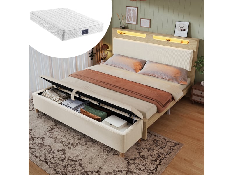  Lit double 160 x 200 cm avec banc de lit coffre, led, tête de lit de rangement et matelas - chêne clair et beige  - Conforama B