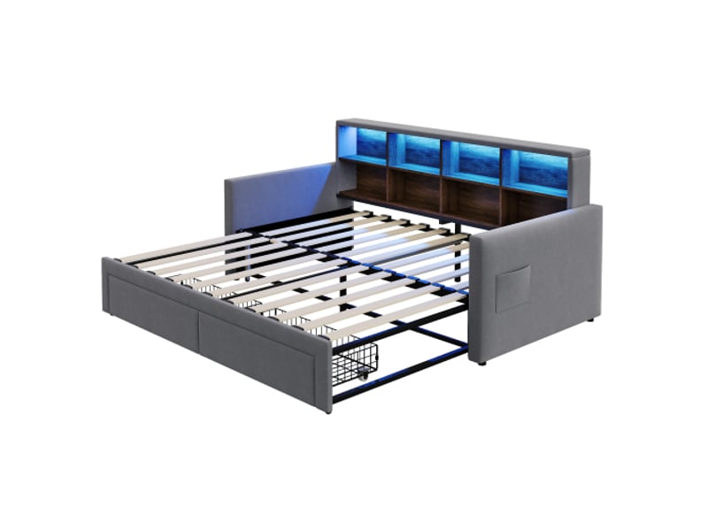 Canapé-lit extensible en velours gris foncé — tête de lit rangements, led, prises usb, 2 tiroirs, sommier — 90×180×190 cm - Conforama D
