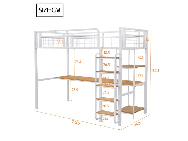  Lit mezzanine enfant 90x200 cm avec table, étagère, garde-corps, escalier, sommier, métal blanc, sans matelas  - Conforama C