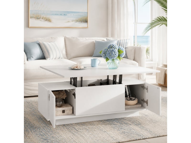  Table basse blanche à double plateau relevable avec rangement caché  - Conforama B