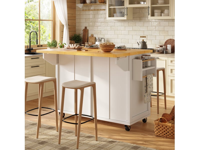  Îlot de cuisine mobile extensible 140 cm, 5 roulettes dont 2 avec freins, blanc  - Conforama E
