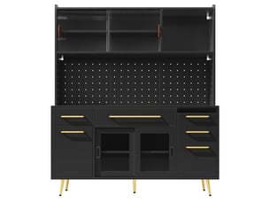 Buffet haut de cuisine avec led panneau perforé et tiroirs noir 145x39x171 cm