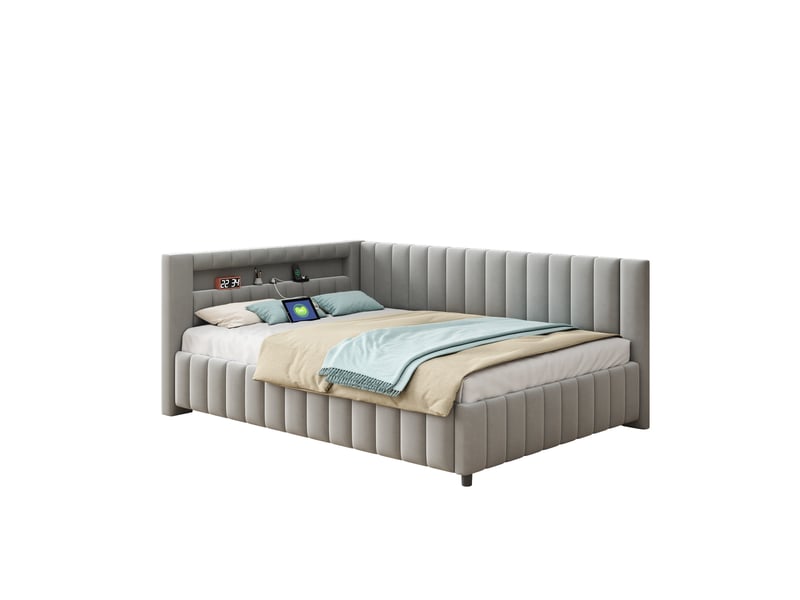  Lit canapé rembourré en velours gris 140x200 cm  - Conforama A