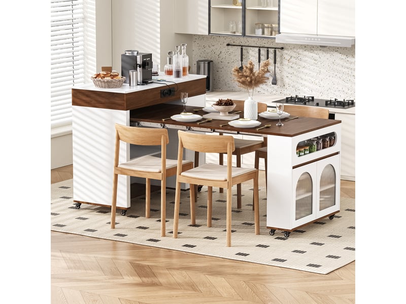 Desserte de cuisine extensible à roulettes avec prises, rangement et tiroir en mdf blanc noyer - Conforama B