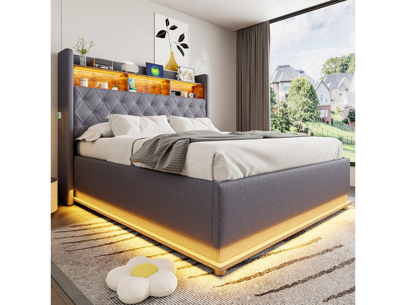  Lit capitonné led 160 x 200 cm avec coffre hydraulique, port usb, tissu lin gris, rangement  - Conforama E