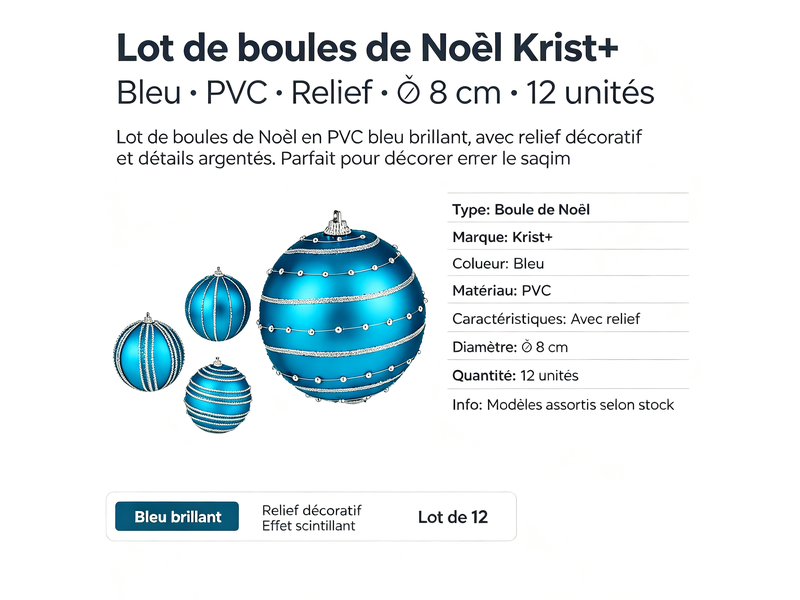  Lot de boules de noël krist+ bleu pvc relief ø 8 cm (12 unités) S3627695 - Conforama E