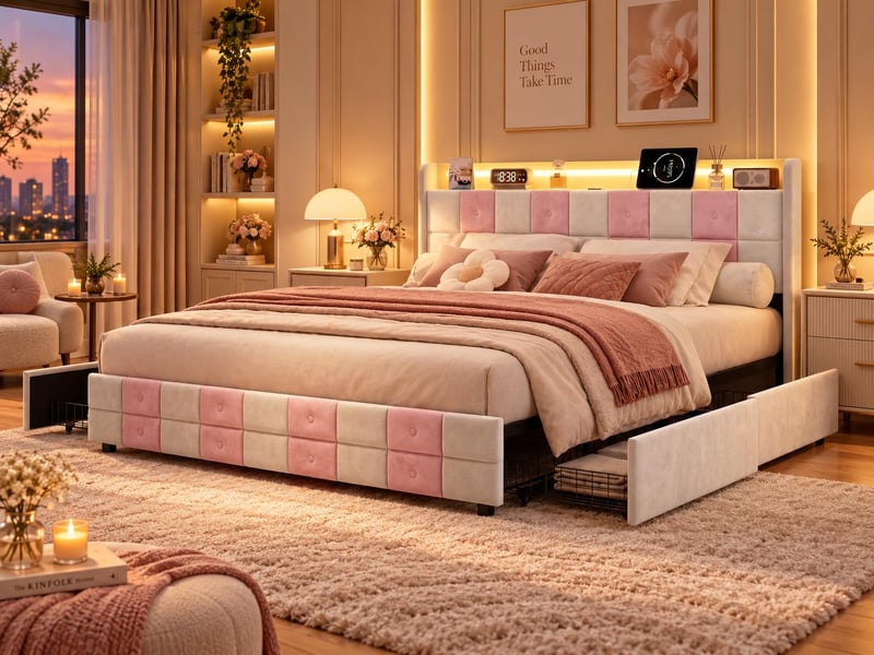  Lit 2 places 140 x 190 cm - avec tiroirs de rangement - éclairage led intégré - port usb - velours  - Conforama B
