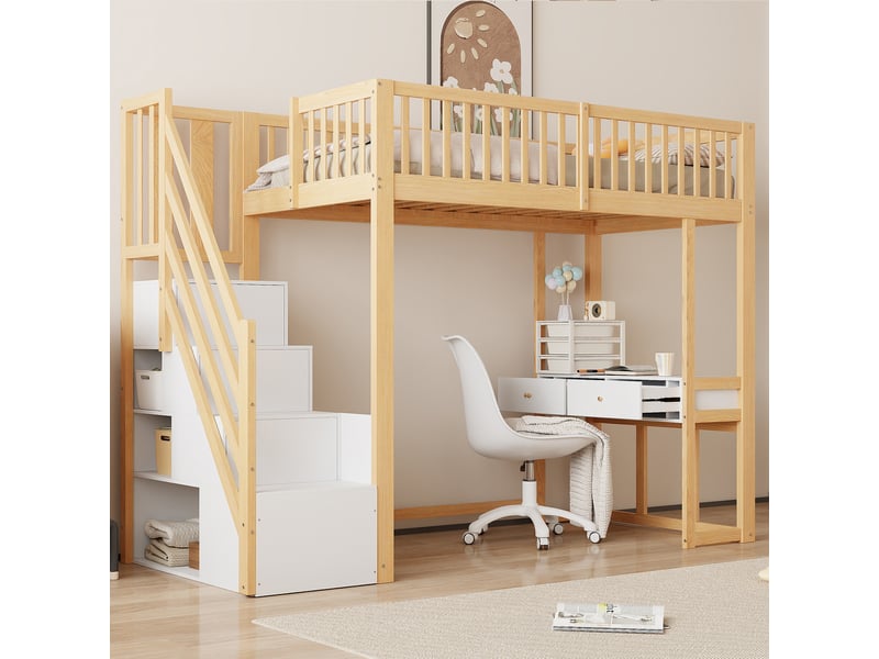  Lit mezzanine 90 x 200 cm en pin massif blanc avec bureau multifonction et escalier de rangement sécurisé, enfant et adolescent  - Conforama E