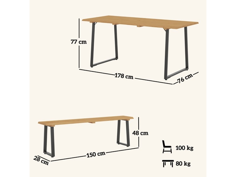  Salon de jardin avec 1 table et 2 bancs  - trou de parasol - acier et bois de sapin - bois naturel  - Conforama D