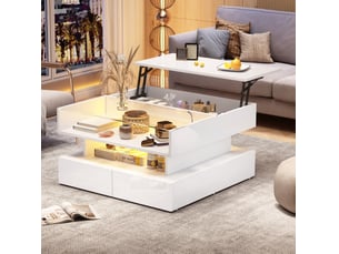 Table basse relevable avec 2 tiroirs, rangement caché et led, plateau en verre trempé, blanc, 80 × 80 × 45 cm - uvrion