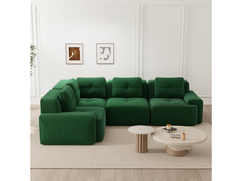  Canapé d'angle modulaire sans montage avec assise basse et base antidérapante en velours côtelé vert  - Conforama C