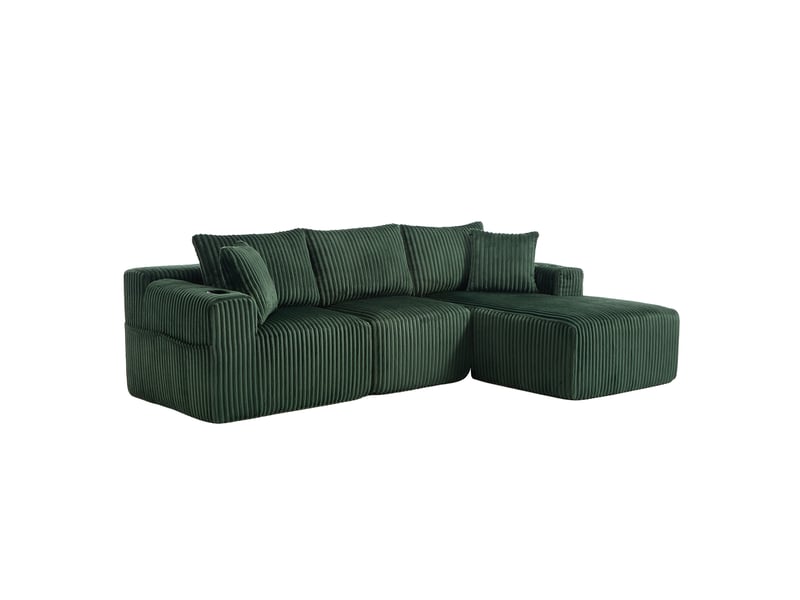 Canapé modulable 257 x 90-160 x 62 cm, méridienne, module 2 places, 5 coussins, porte-gobelets, poches latérales, velours côtelé, vert Bliss Lite - Conforama A