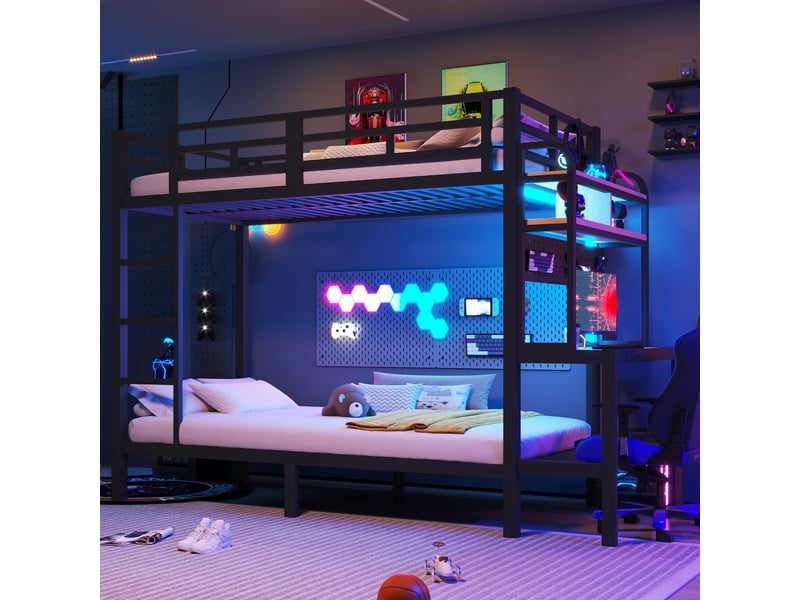  Lit superposé 90x200 cm, lit enfant, rangement, bureau, échelle sécurisée, barrière antichute, bois et métal noir  - Conforama C