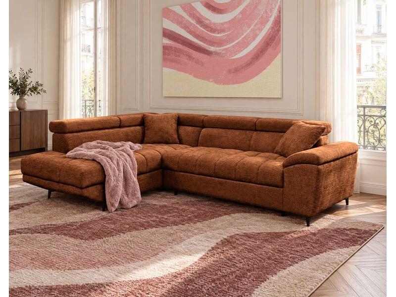  Camille - canapé d'angle gauche 5 places convertible avec têtières et coffre en velours texturé - best mobilier - terracotta CAMILLE - Conforama B