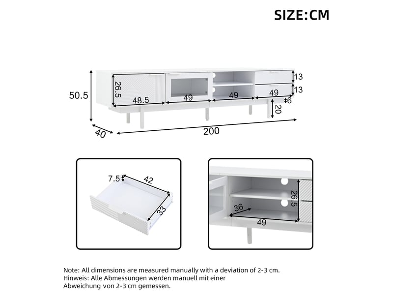  Meuble tv 200x40x50,5cm, 2 portes, 2 tiroirs et 1 étagère, conception de la ligne, moderne, structure aggloméré, blanc  - Conforama C