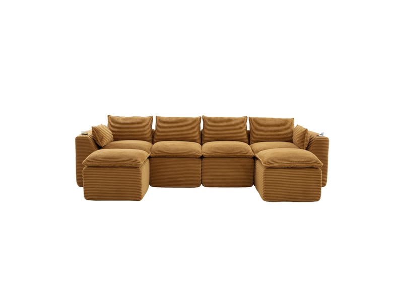  Canapé modulable modenvie 4 places orange en velours côtelé avec 2 repose-pieds, coussins, porte-gobelets et poches latérales 322 x 161 x 75 cm  - Conforama A