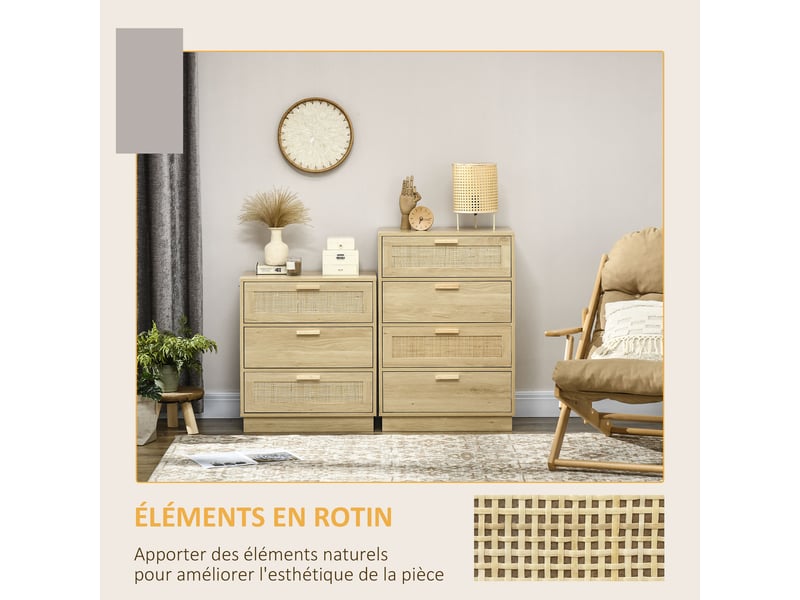  Commode design bohème en rotin avec 4 tiroirs, meuble de rangement pour le salon, le couloir, bois naturel, l'entrée  - Conforama E