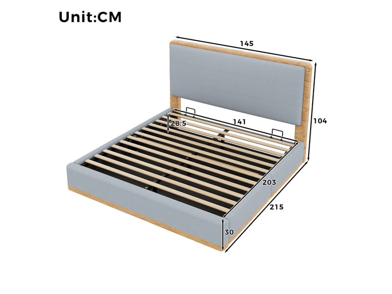  Lit coffre rembourré 140x200 cm - rangement coffre - tête de lit rembourrée et sommier à lattes - mdf - gris+naturel (sans matelas)  - Conforama W