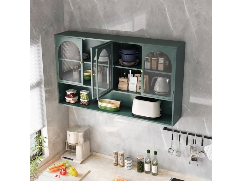 Buffet de cuisine - 120x23x70cm - meuble haut, armoire murale 4 portes en verre gris & étagère, style industriel - vert - Conforama C