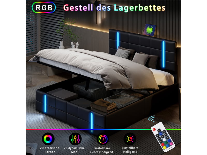 Lit coffre 140x200 cm avec led,lit double rembourré 140x200 cm, usb et type-c, sommier à lattes, noir, pu - Conforama R