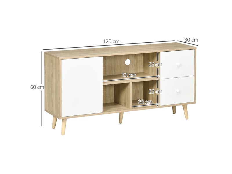  Meuble tv pour télévision jusqu'à 45 pouces pieds en bois massif style scandinave 3 niches 1 placard 120 x 30 x 60 cm  - Conforama C