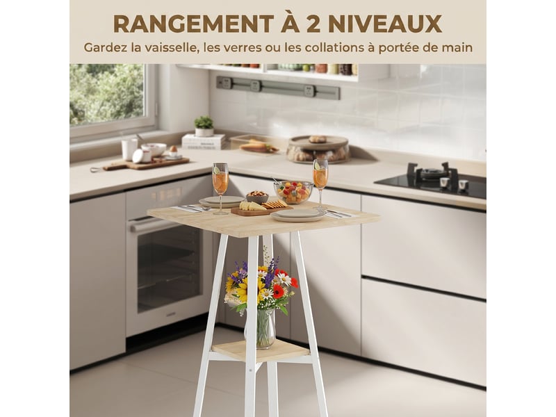  Table de bar carrée pour 2 personnes, table haute cuisine mange-debout avec étagère, naturel et blanc, 55 x 55 x 95 cm  - Conforama A