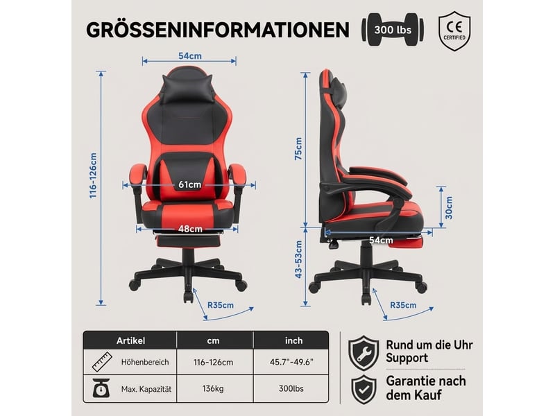  Chaise gaming ergonomique 61 x 54 cm – noir et rouge – repose-pieds rétractable et soutien lombaire réglable  - Conforama C
