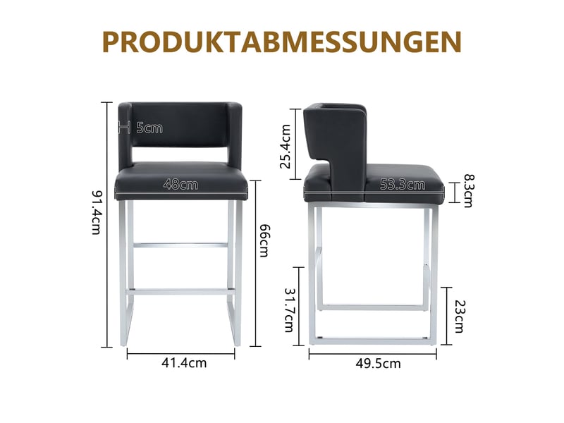  Lot de 2 tabourets de bar 49.5x41.4x91.4cm – design carré moderne et confortable avec sièges en cuir - pieds en métal argenté - noir  - Conforama C