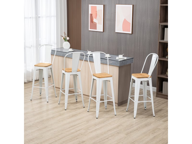  Lot de 4 tabourets de bar industriel avec dossier repose-pied hauteur assise 76 cm métal blanc  - Conforama C