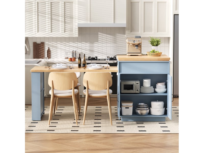 Îlot de cuisine 125,5-187,5x71x93 cm bleu en mdf, extensible avec roulettes et led pour cuisine  - Conforama B