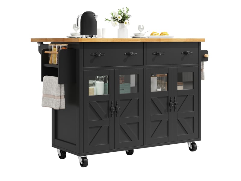  Desserte de cuisine 140 x 73 x 93,5 cm noire en mdf, plateau extensible et 5 roulettes avec freins  - Conforama A