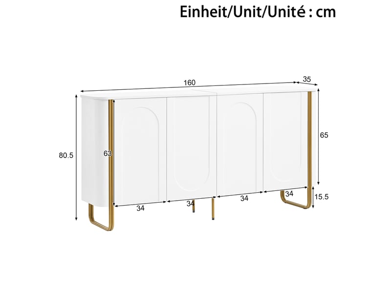  Buffet bas 160 cm en mdf blanc, 4 portes battantes push-to-open, reliefs en arc et pieds en fer doré, style design  - Conforama C