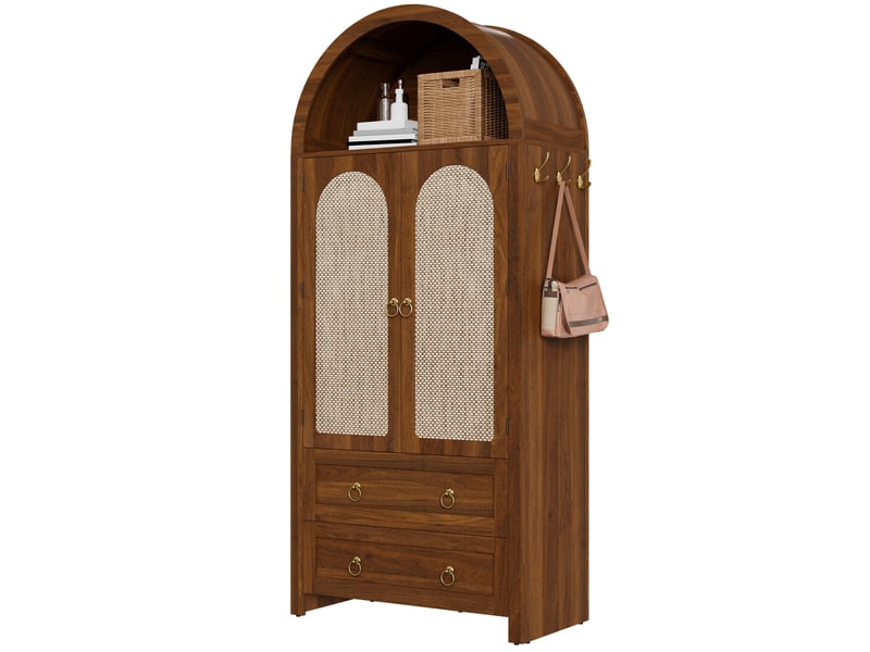  Buffet haut 80x40x180 cm, portes en rotin, 2 tiroirs, niches ouvertes, crochets latéraux, mdf, noyer  - Conforama A
