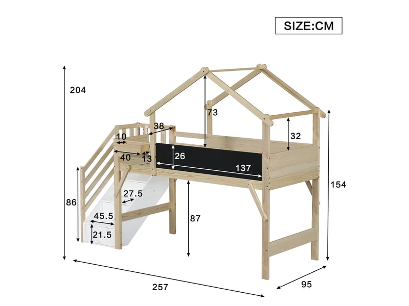 Lit superposé enfant avec toit et escalier de rangement 90x200 cm blanc naturel  - Conforama E