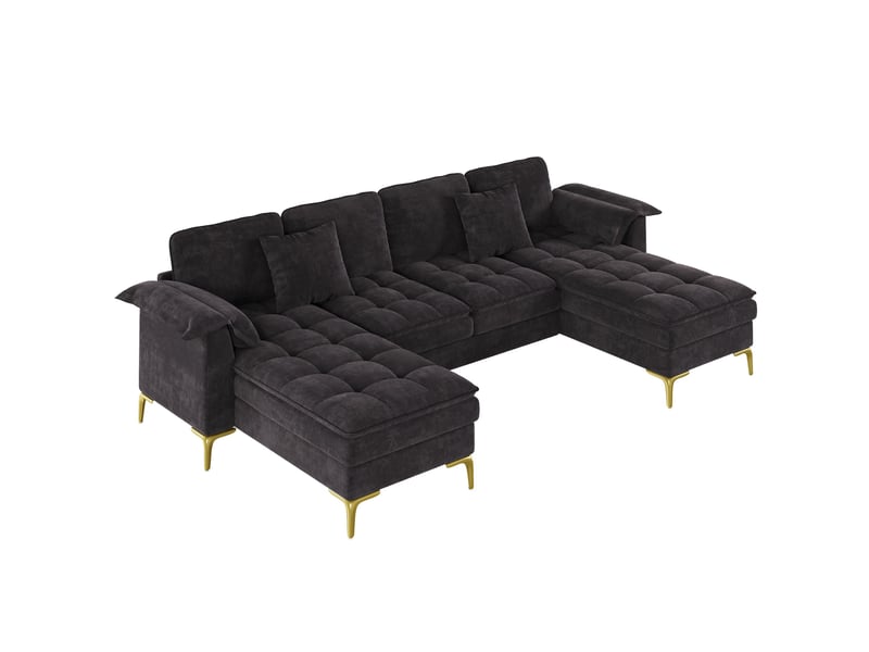 Canapé d'angle modulable en u modenvie 4 places avec 2 méridiennes en chenille noire et pieds en métal doré 262 x 134 x 86 cm - Conforama A