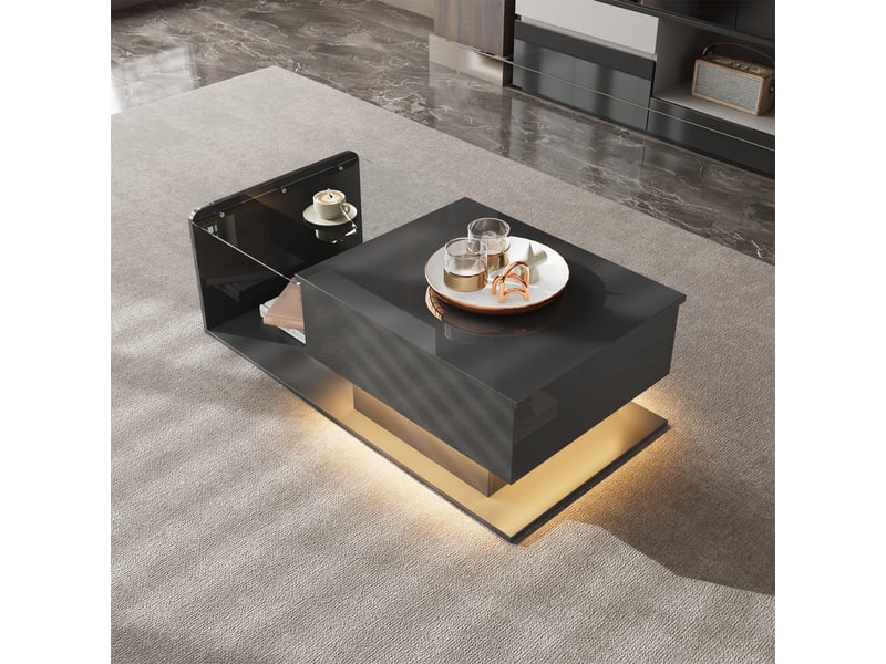  Table basse relevable avec plateau en verre trempé, rangement caché et led, pour salon, 100 x 50 x 47.5 cm, noir  - Conforama C