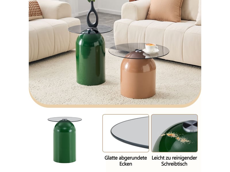  Table basse plateau en verre trempé acier carbone laqué brillant tables empilables finition vert et beige forme en cloche  - Conforama E