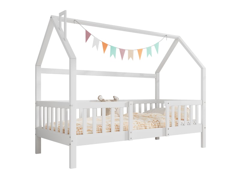  Lit cabane enfant 90x200 en bois, lit maison avec cheminée et barrière, sommier inclus, blanc classique pour garçons et filles  - Conforama A
