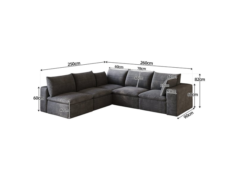  Canapé nuage en velours côtelé gris, 260 x 250 cm, double couche, revêtement amovible, sans montage Y150-VSHAPED-DUNKEL - Conforama E