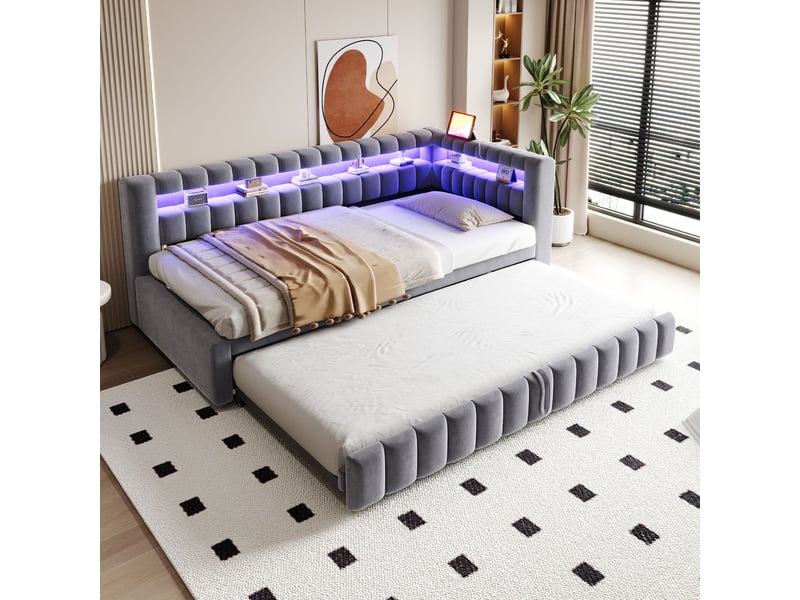  Lit gigogne banquette 90x200 cm en velours avec led, ports usb et type-c, tête de lit et dossier avec rangements, gris foncé  - Conforama B