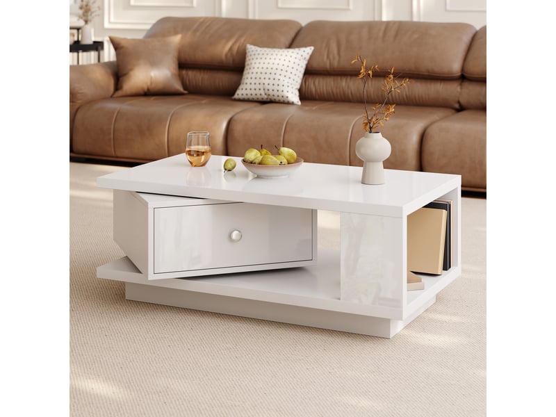  Table basse avec tiroir rotatif et niche pour salon en mdf et panneaux de particules 90×48×35 cm blanc  - Conforama C