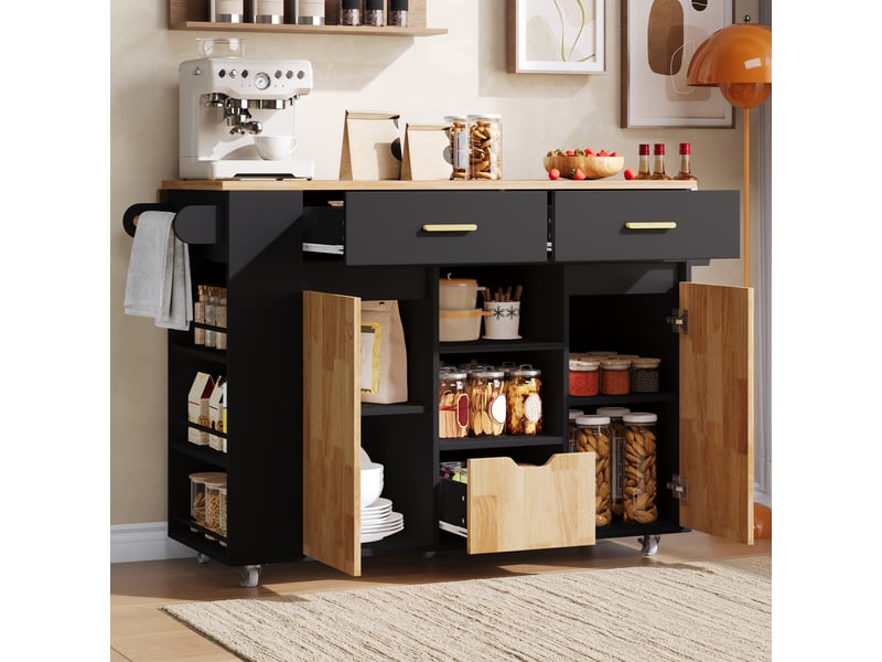 Îlot de cuisine mobile 120x45(71) cm avec plateau rabattable, rangement, 3 tiroirs, étagères épices, porte-serviettes, roulettes - noir et bois - Conforama E