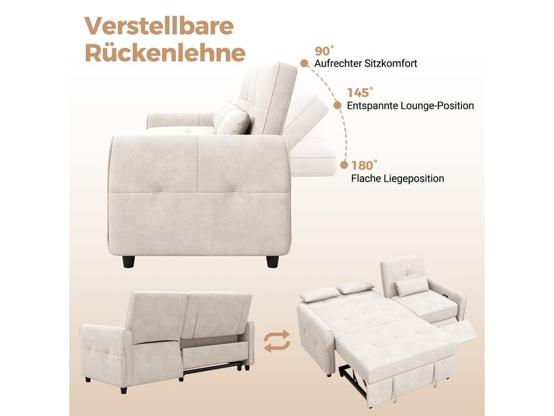  Canapé convertible 3 places 176 cm, fonction lit avec assise extensible et dossier réglable 3 positions, tissu chenille, beige OMNIGLINT TRADING LTD - Conforama E