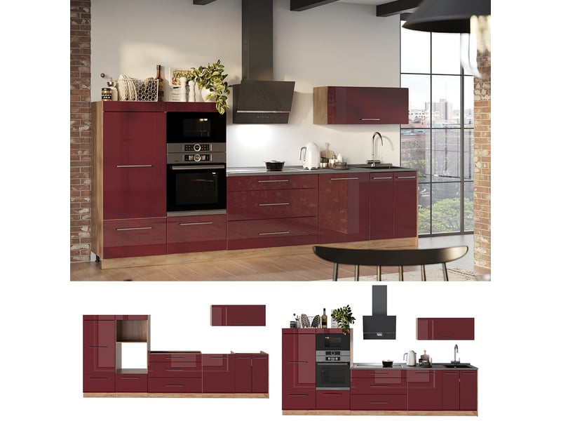 Vicco cuisine, rouge bordeaux haute brillancechêne de force doré, 340cm sans pt - Conforama D