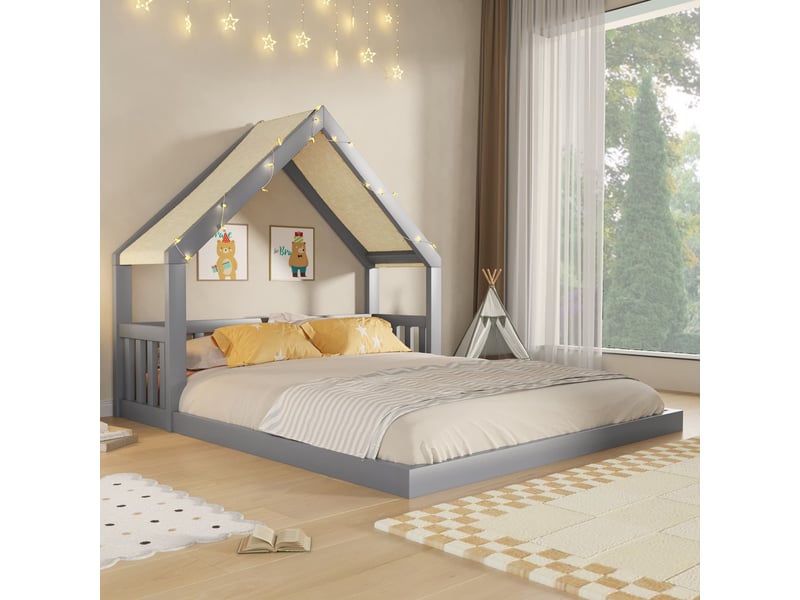  Lit cabane en bois, 140 x 200 cm, avec toit en tissu et guirlande lumineuse, sommier à lattes inclus, gris  - Conforama D