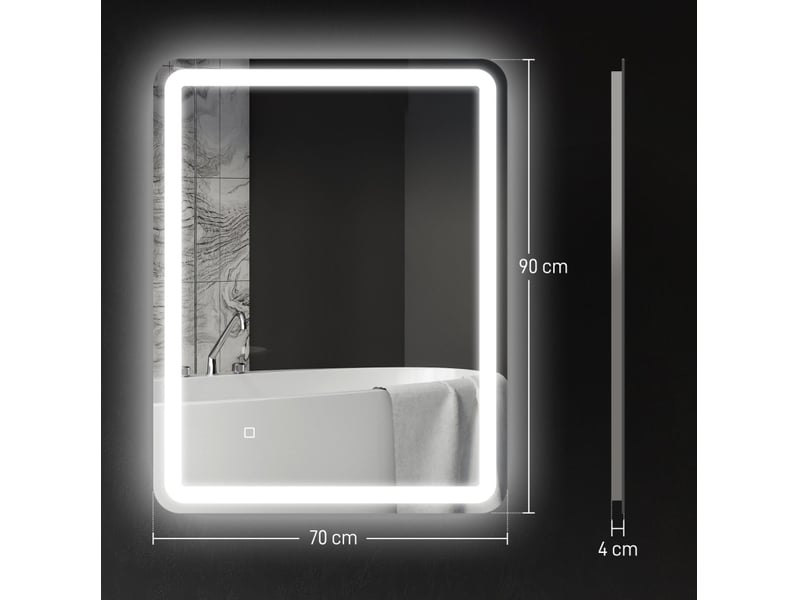  Miroir de salle de bain led 70x90 cm – argent – tactile, antibuée, 3 teintes réglables et mémoire  - Conforama C
