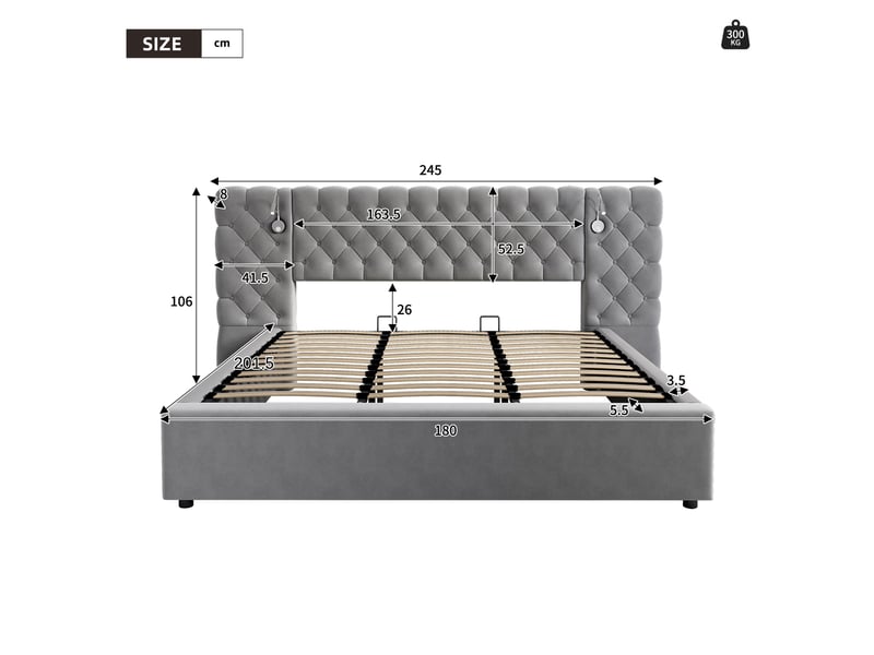 Lit coffre double 180 x 200 cm, coffre à relevage hydraulique, lampe de lecture, tête de lit large, sommier à lattes, pour la chambre, velours, gris ABC - Conforama C
